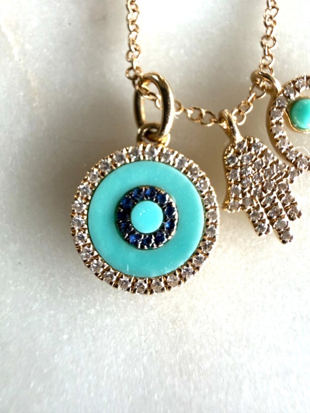 14K Yellow Gold Turquoise Sapphire Diamond Lucky Charms Pendant Necklace